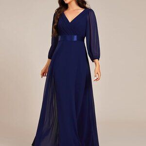 Chiffon A-Line Floor Length Dress- Navy Blue